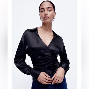 Zara Black Satin Ruched Blouse